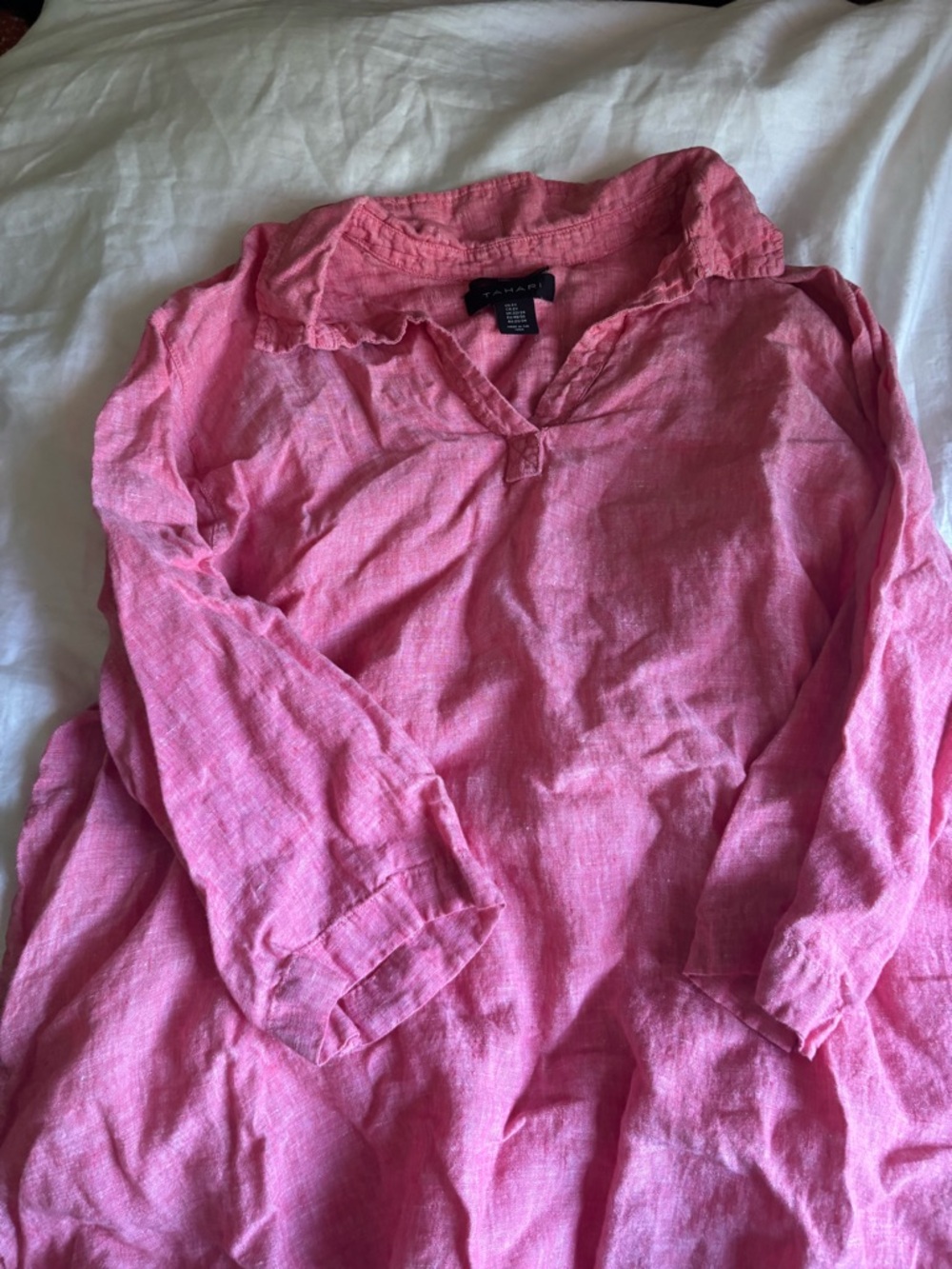 Tahari Pink Long Sleeve V-Neck Linen-Blend Shirt